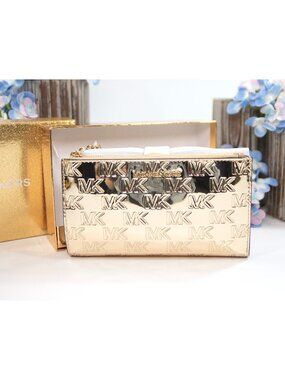 Michael Kors Pale Gold Embossed Logo Leather Adele Double Zip Phone Wristlet NWT